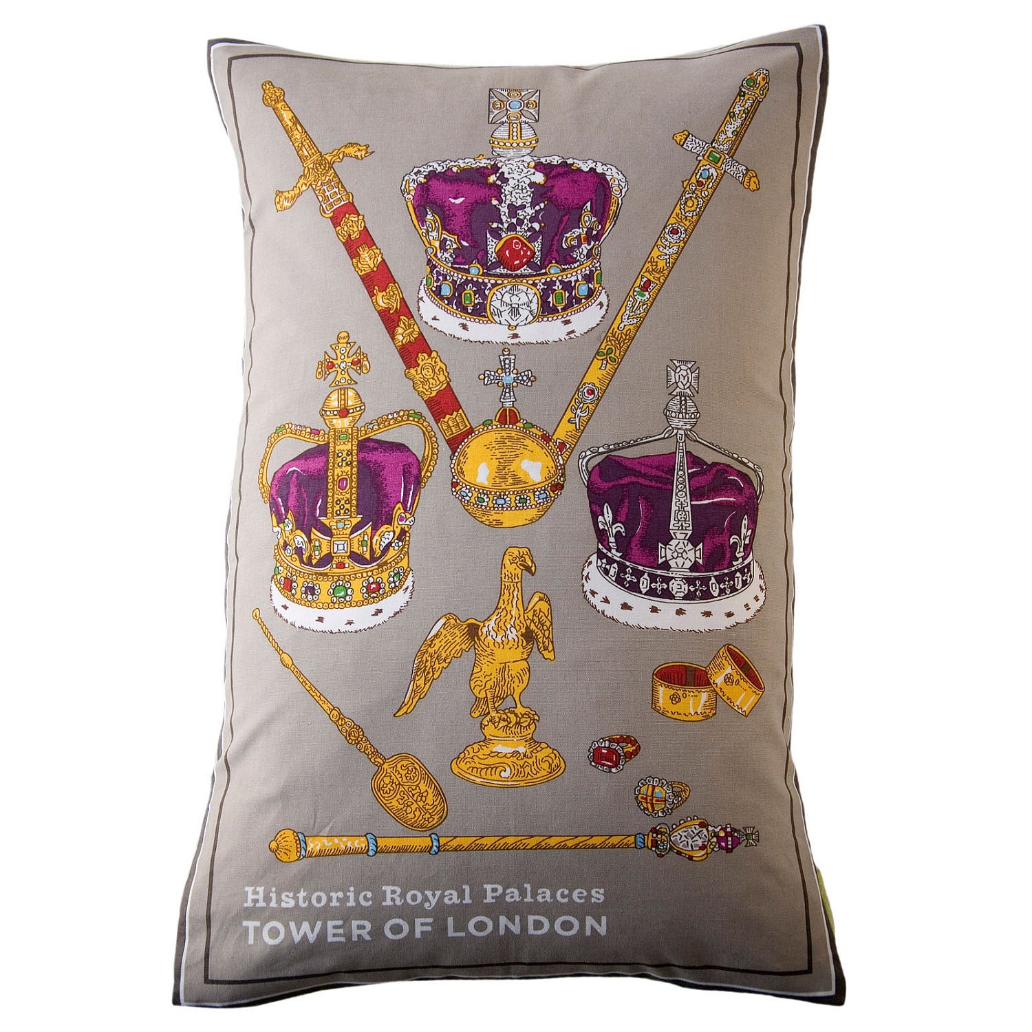 Crown Jewels Royal Pillow Jubilee Upcycled Tea Towel Cushion Grey