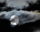 Moon Photo, cloudy night sky, moon photograph, silver moon,  8 x 8 print No103- Escape - LoneCrowPhoto