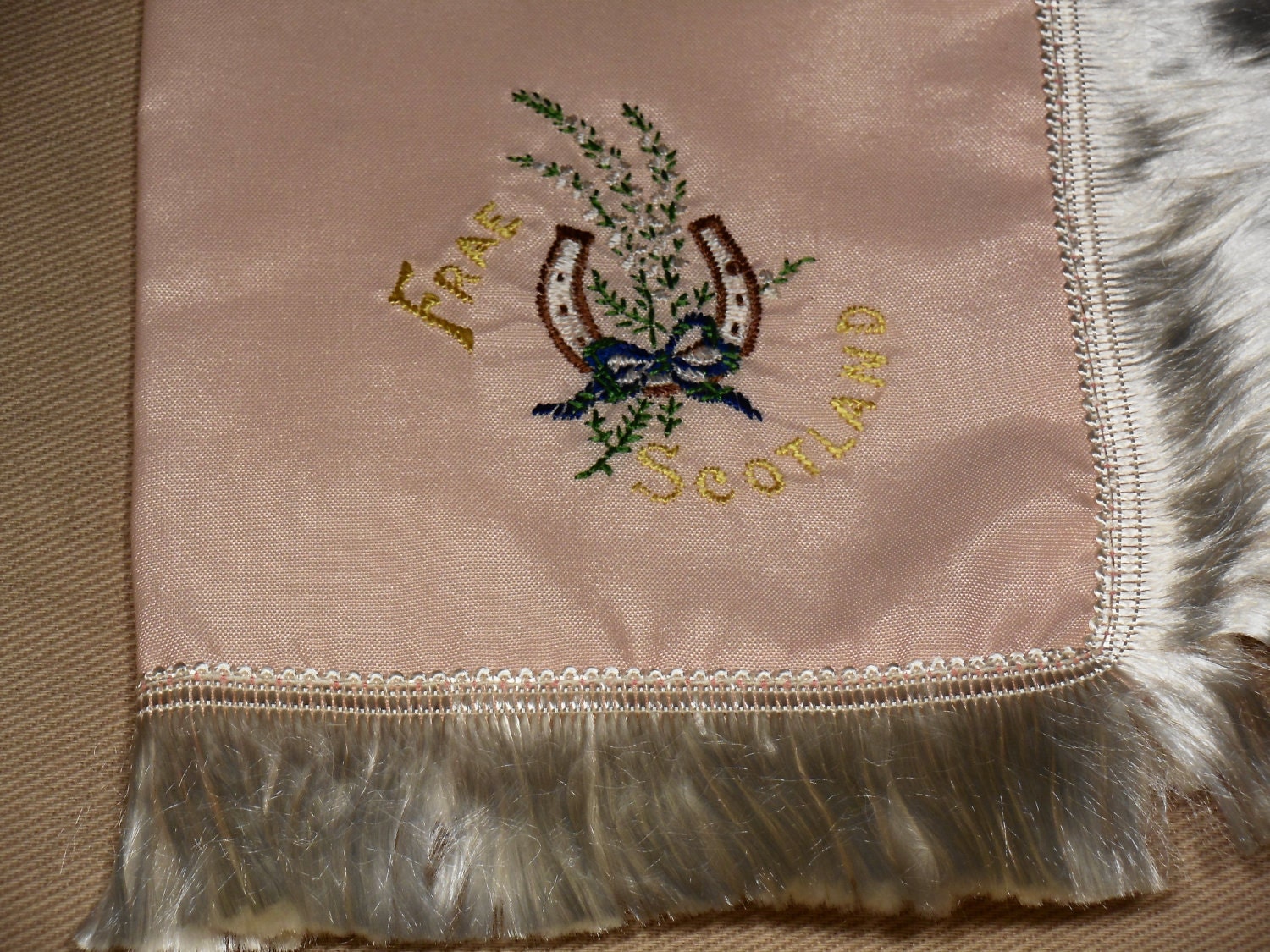 VINTAGE Handkerchief or Dresser Scarf Embroidered Frae Scotland Horseshoe