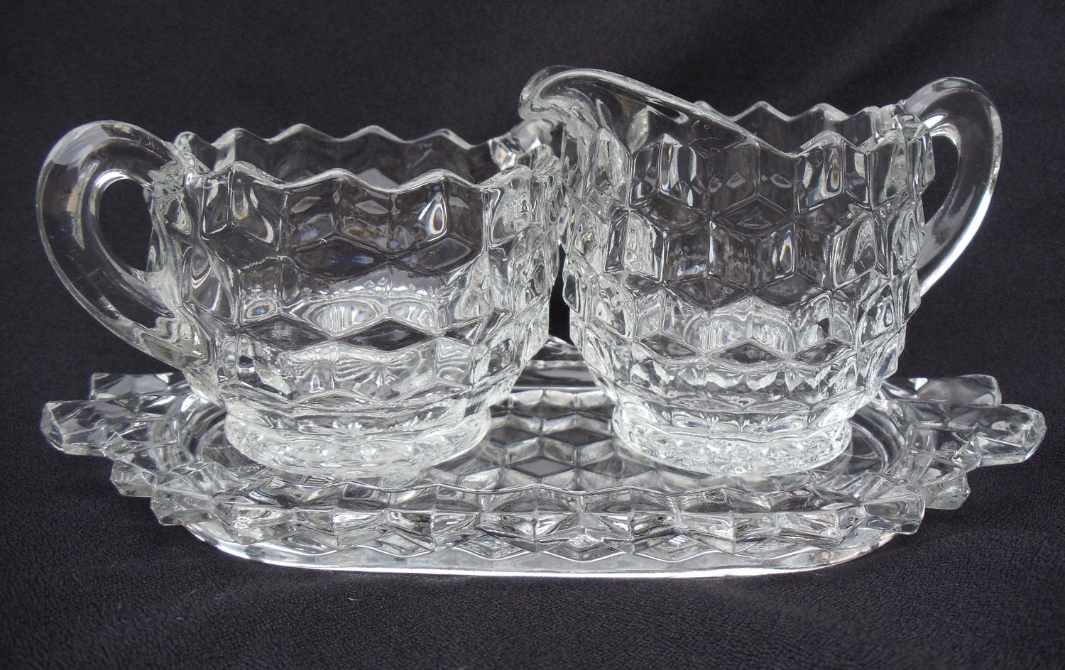 VINTAGE Fostoria Early American Creamer, Sugar And Tray Set