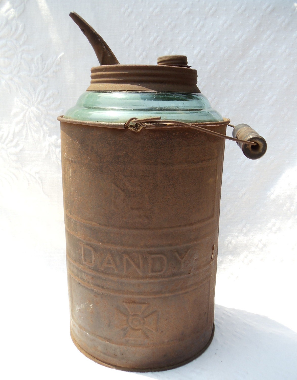 VINTAGE Dandy Oil Can With Blue Glass Insert