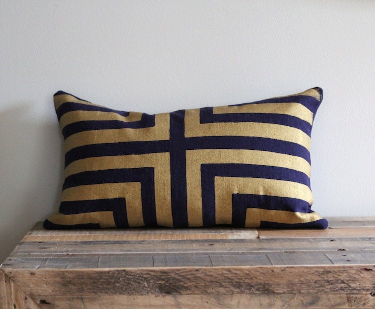 Doha in Metallic gold hand printed on navy blue organic hemp pillow cover 12x21