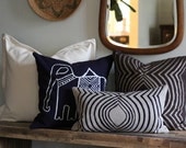 Aya Contour in Indigo hand printed on greige organic hemp pillow cover 12x21