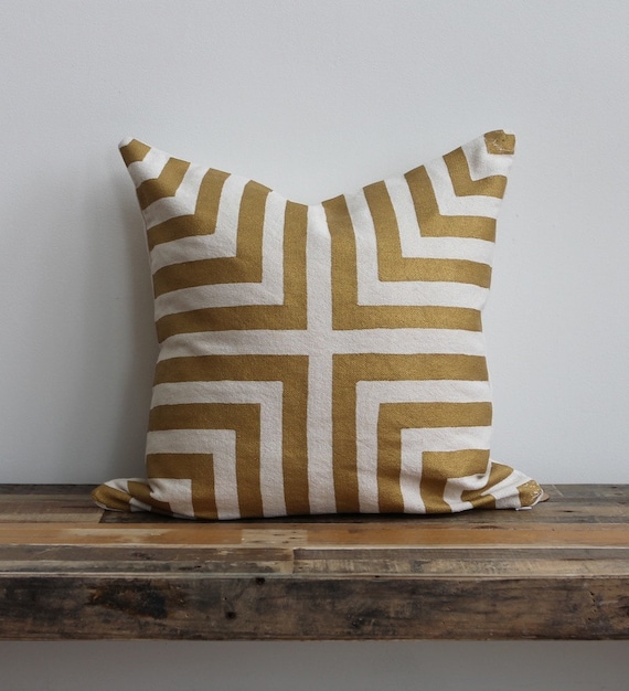 Metallic gold & off-white handprinted organic hemp pillow cover 20x20