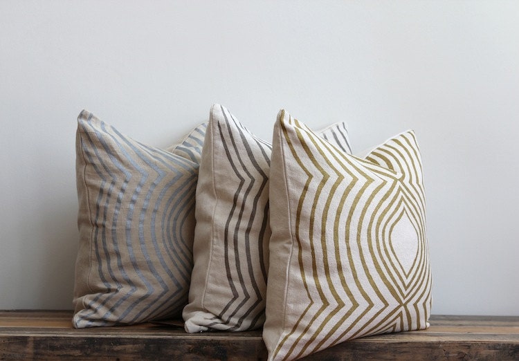 metallic silver & off-white handprinted organic hemp pillow cover 20 x 20