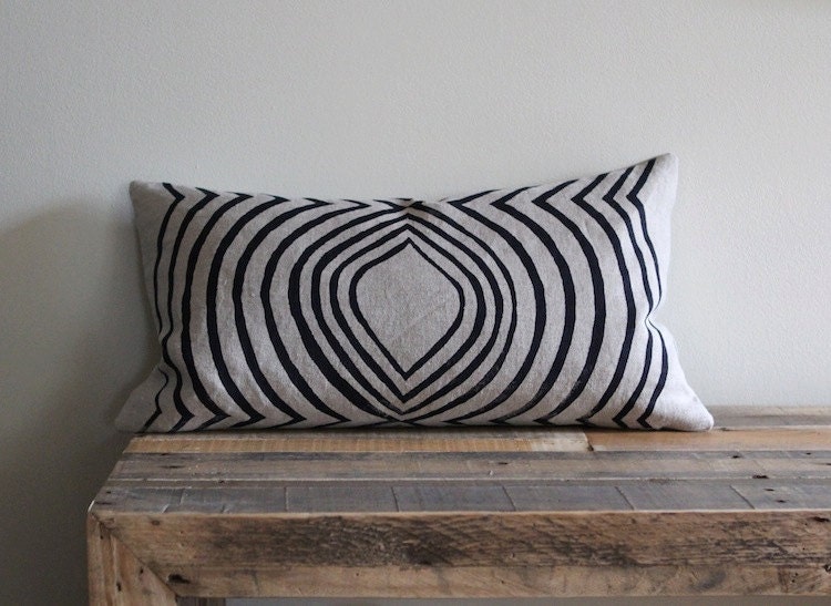 Aya Contour in Indigo hand printed on greige organic hemp pillow cover 12x21
