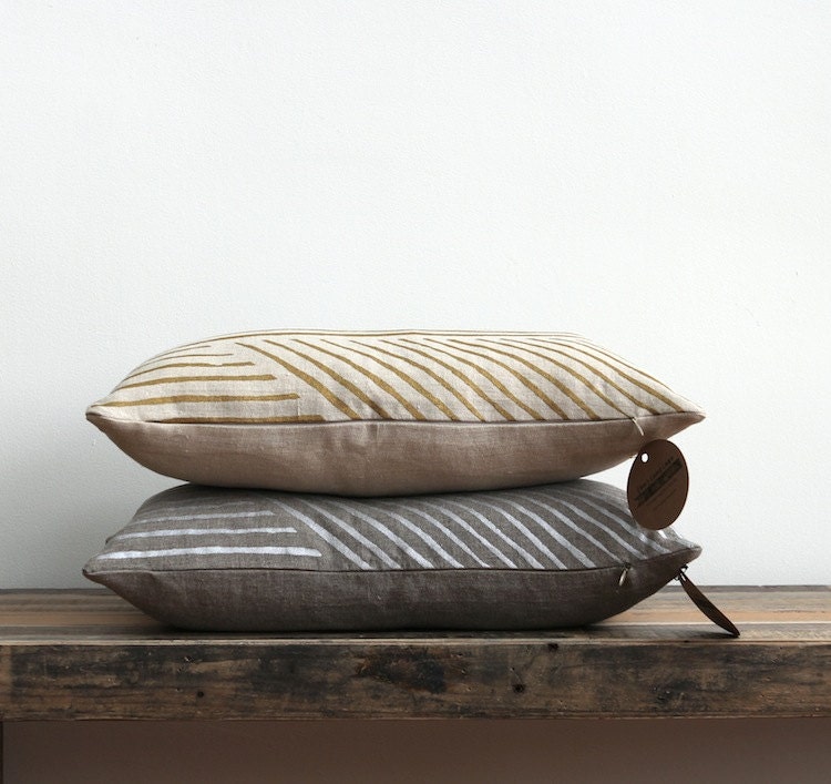 As seen in BETTER HOMES and GARDENS. Karnataka metallic ink hand printed on Natural Ecru organic hemp pillow cover 12x21