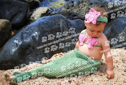 Mermaid Tail, Seashell Bikini Top and Sea Star Headband Set, Newborn