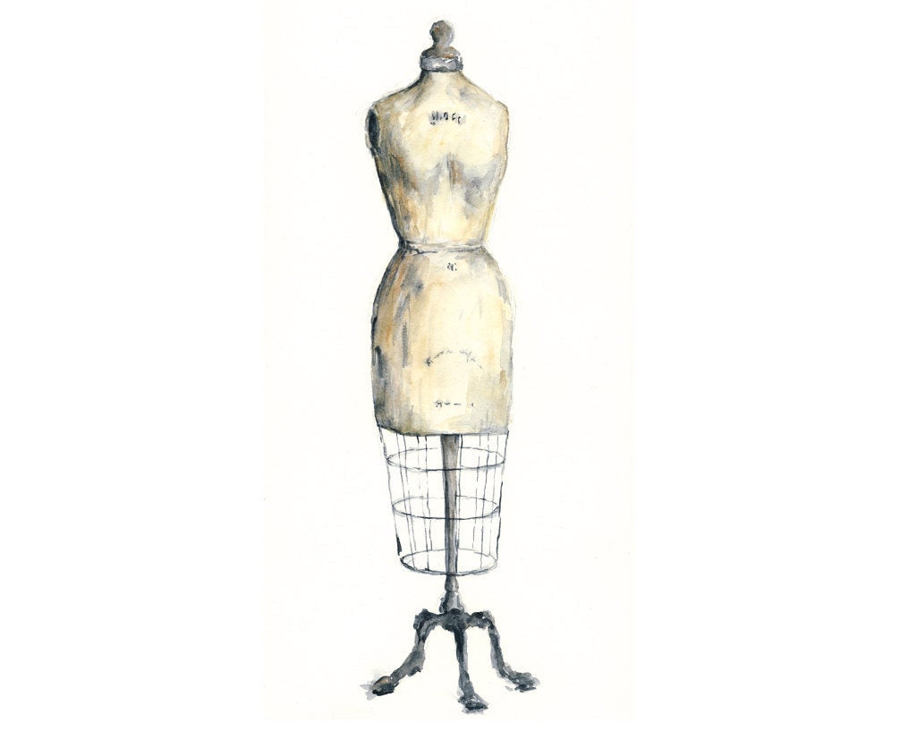 8.5x11 - vintage dress form watercolor giclee print