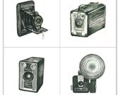 camera giclee print set - four 5x5 art prints - vintage camera watercolor prints (all black) // wall art // home decor
