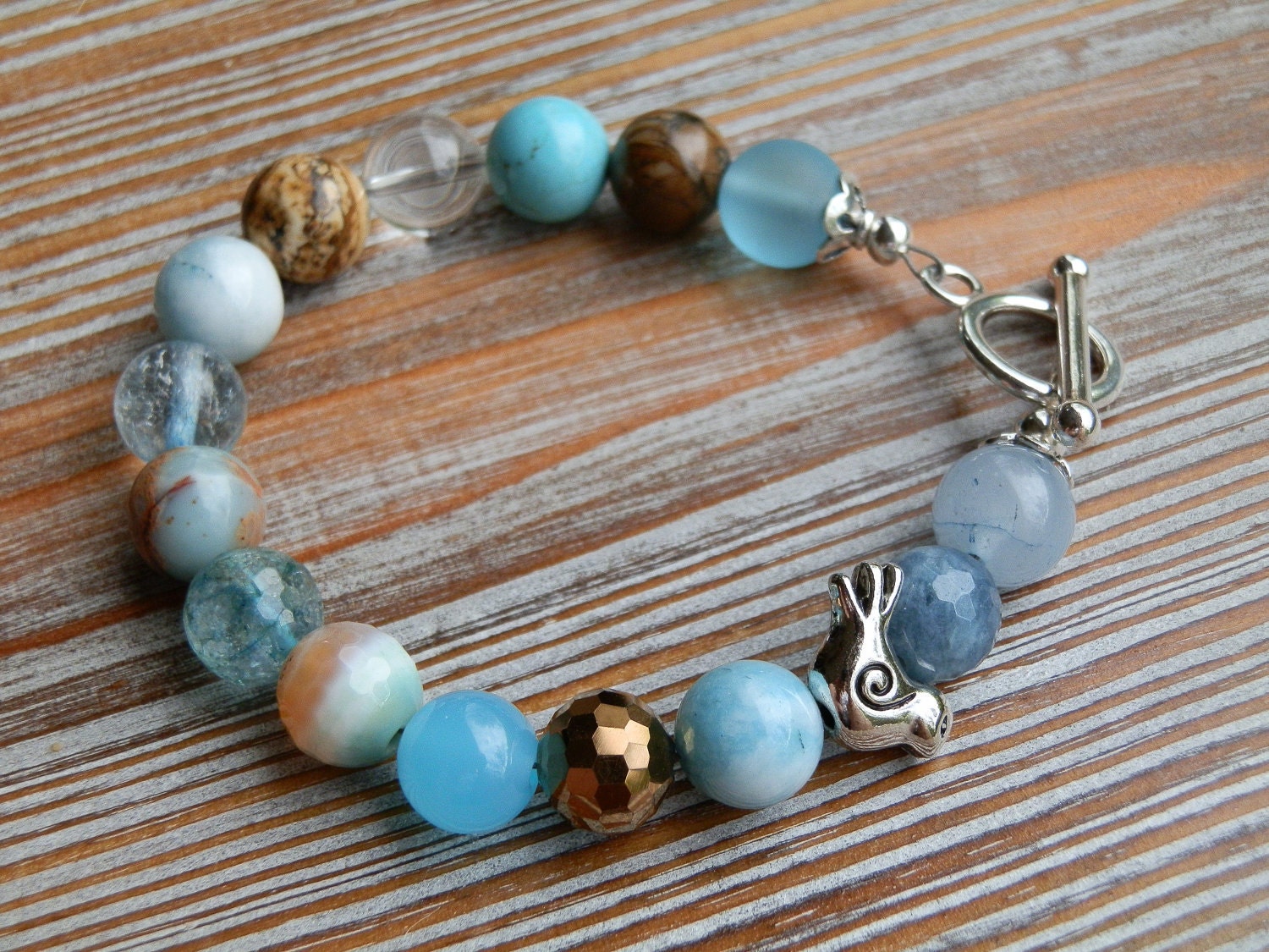 Shades of Blue Gemstone Bracelet with Little Silver Bird