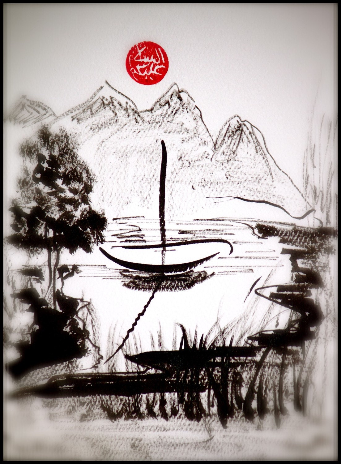 Art Print from Original-Inspired Chinese painting - View of lake from a foggy window 12x18" Print