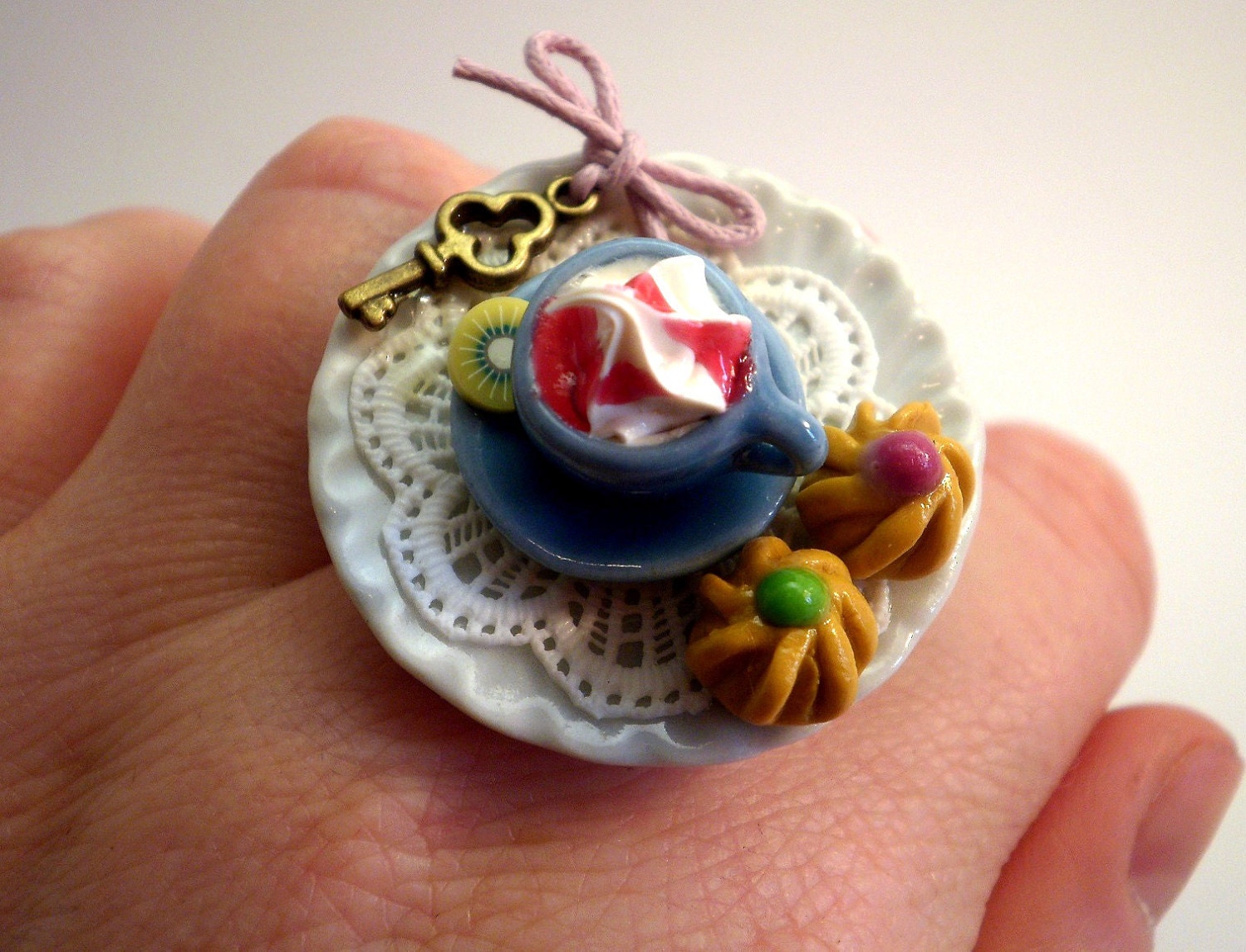 Cappuccino Tea Cup Ring with Whipped Cream Handmade, Alice in Wonderland - Wedding favors, bridesmaid gifts, bridal jewelry
