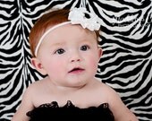 Boutique Headband Skinny White Elastic Headband White Satin Handmade Ruffle Puff Flower Black Rhinestone Center: Newborn Infant Baby Toddler