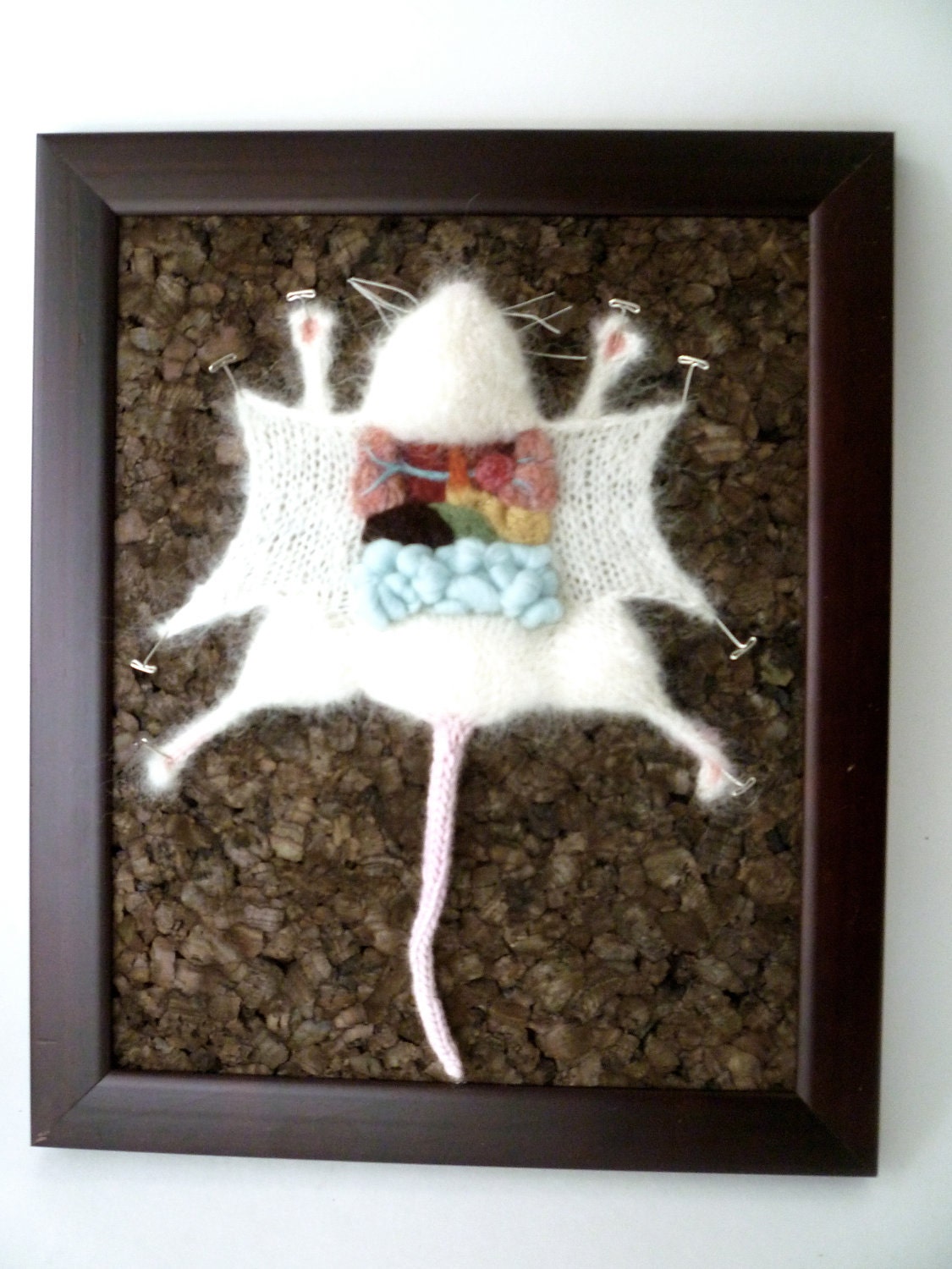 Knitted Lab Rat, dark cork background