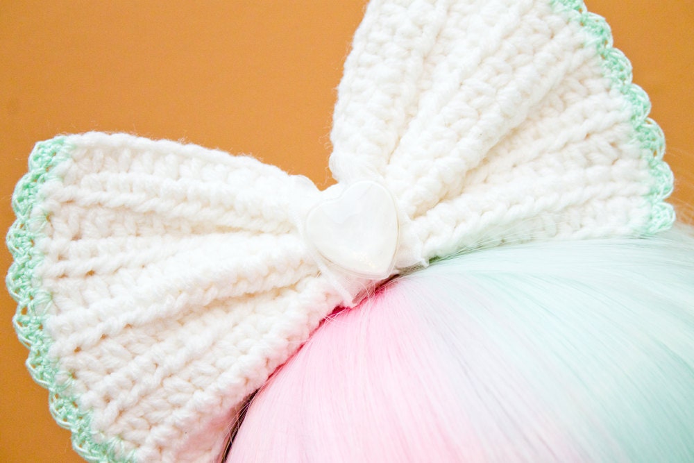 HUGE White With Mint Crocheted Hair Bow Headband