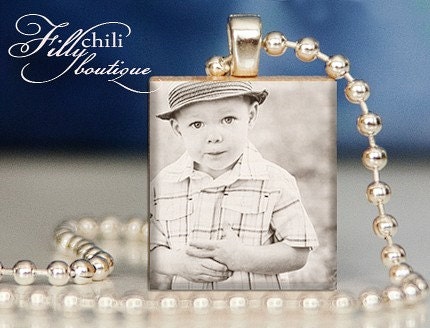 CUSTOM Personalized PHOTO CHARM - Pendant from a Scrabble Game Tile with Ball Chain Necklace, handmade by Frilly Chili