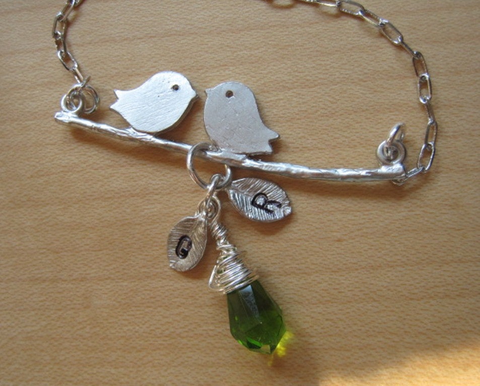 A Couple Birds in love personalized with initials and Swarovski Red Heart Crystal - - Silver or Gold Necklace, Valentine's Day Gift