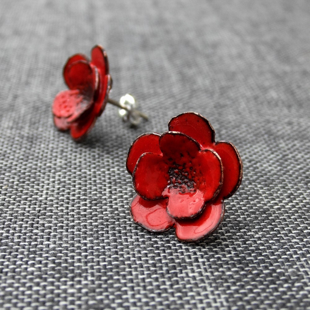 Red Flowers -- glass enamel earrings
