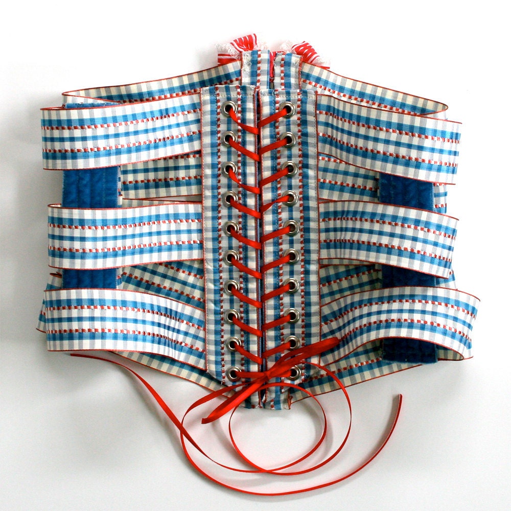 Ribbon Corset Cincher Belt / Red White Blue Silver Acetate Velvet Celluloid / Large - Betsy Ribbon Corset