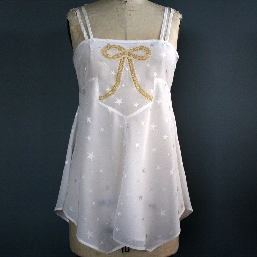 Lingerie Silk Lace Nightie Dress Chemise / Cream White Star Bow Jacquard Vintage / Small - Stella Moonshine Chemise