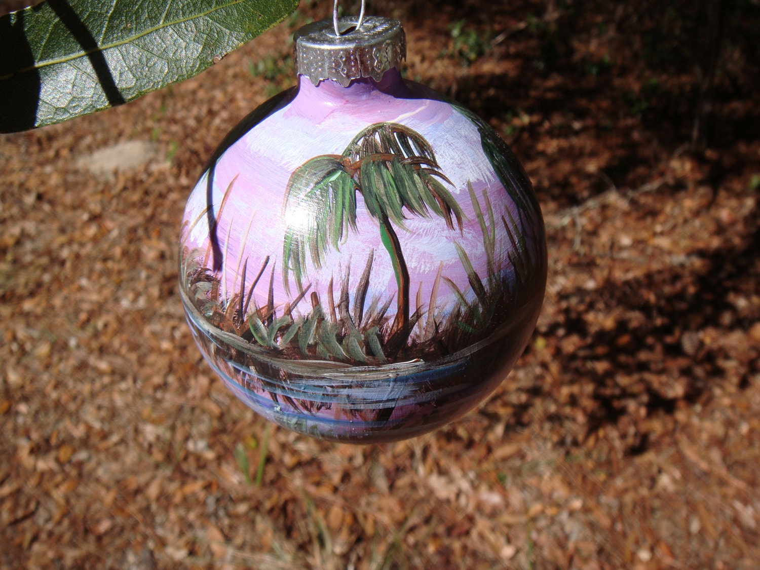 Hand Painted Glass Ornament with tropical sunset