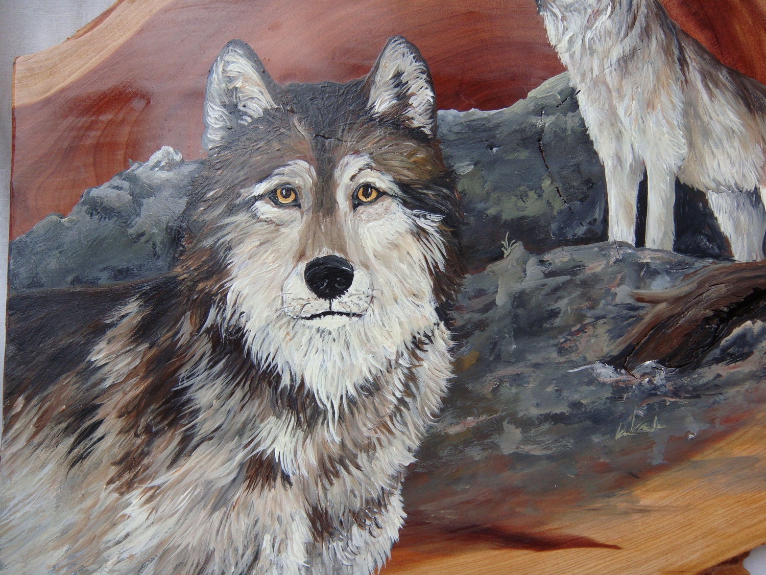 Reserved for Lori-Watching -original acrylic  painting of wolfs  on cedar
