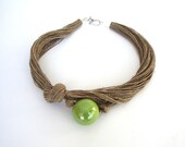 Lime green ceramic necklace, linen necklace, eco friendly jewelry, linen choker, fall fashion jewelry - dekkoline