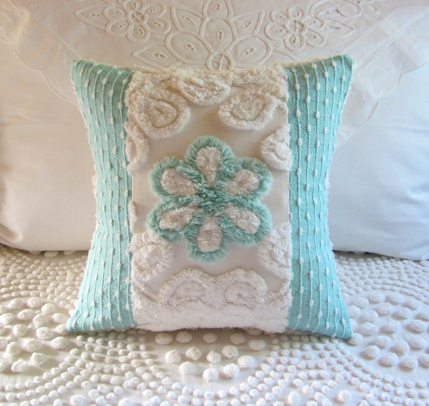 AQUA ROSE vintage chenille pillow cover