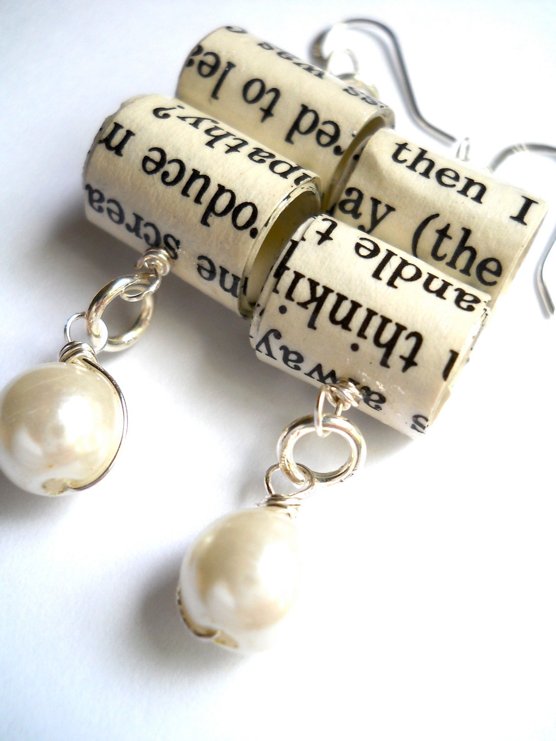 Bookworm Pearl Earrings, Paper Bead Jewelry From Recycled Books
