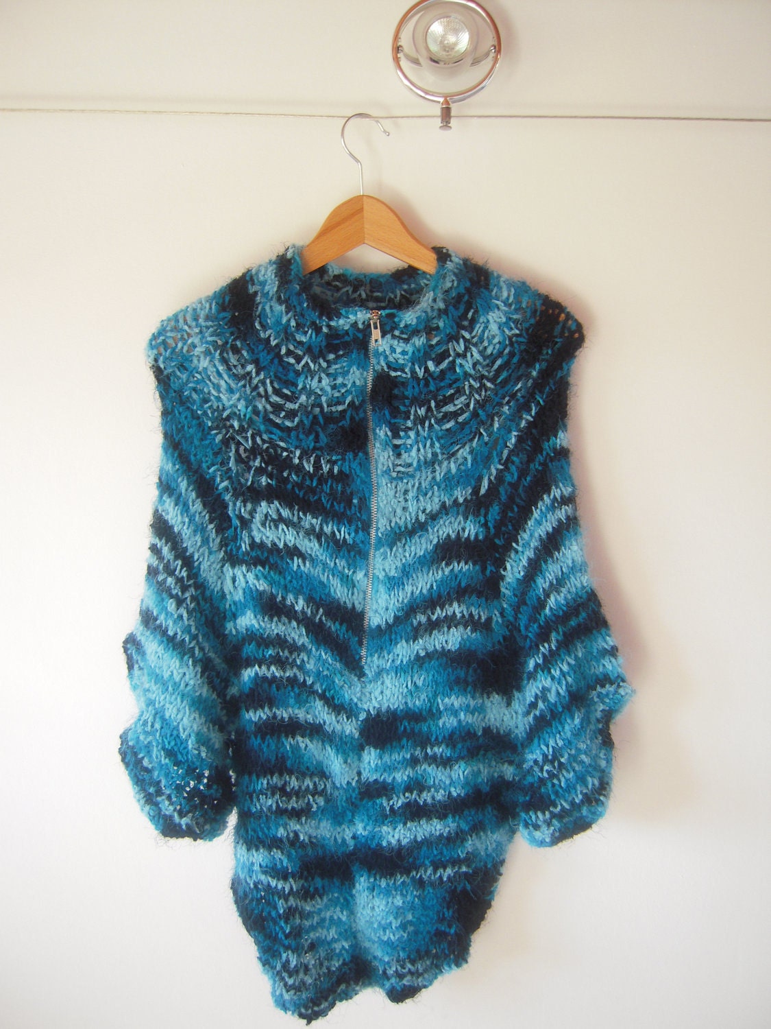 handmade knitted soft asymmetric navajo  poncho,sweater in shades of blue and black ''Fotinoula''READY TO SHIP