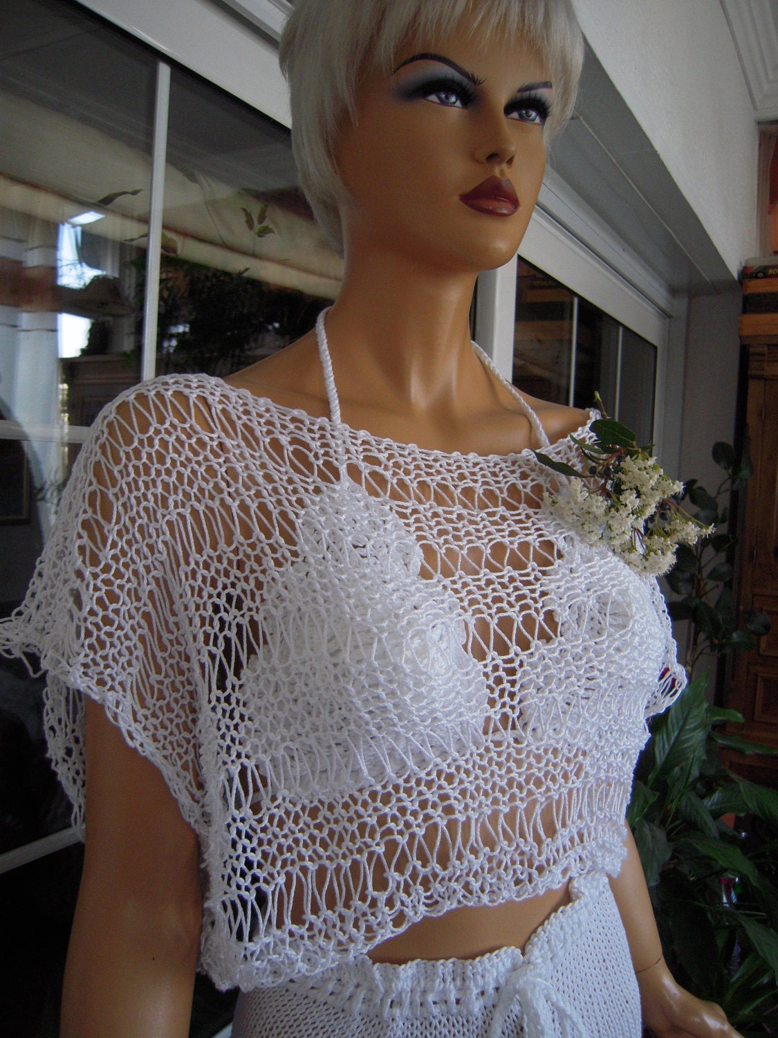 Handmade knitted festival top/ summer poncho in white cotton ''Mykonos''