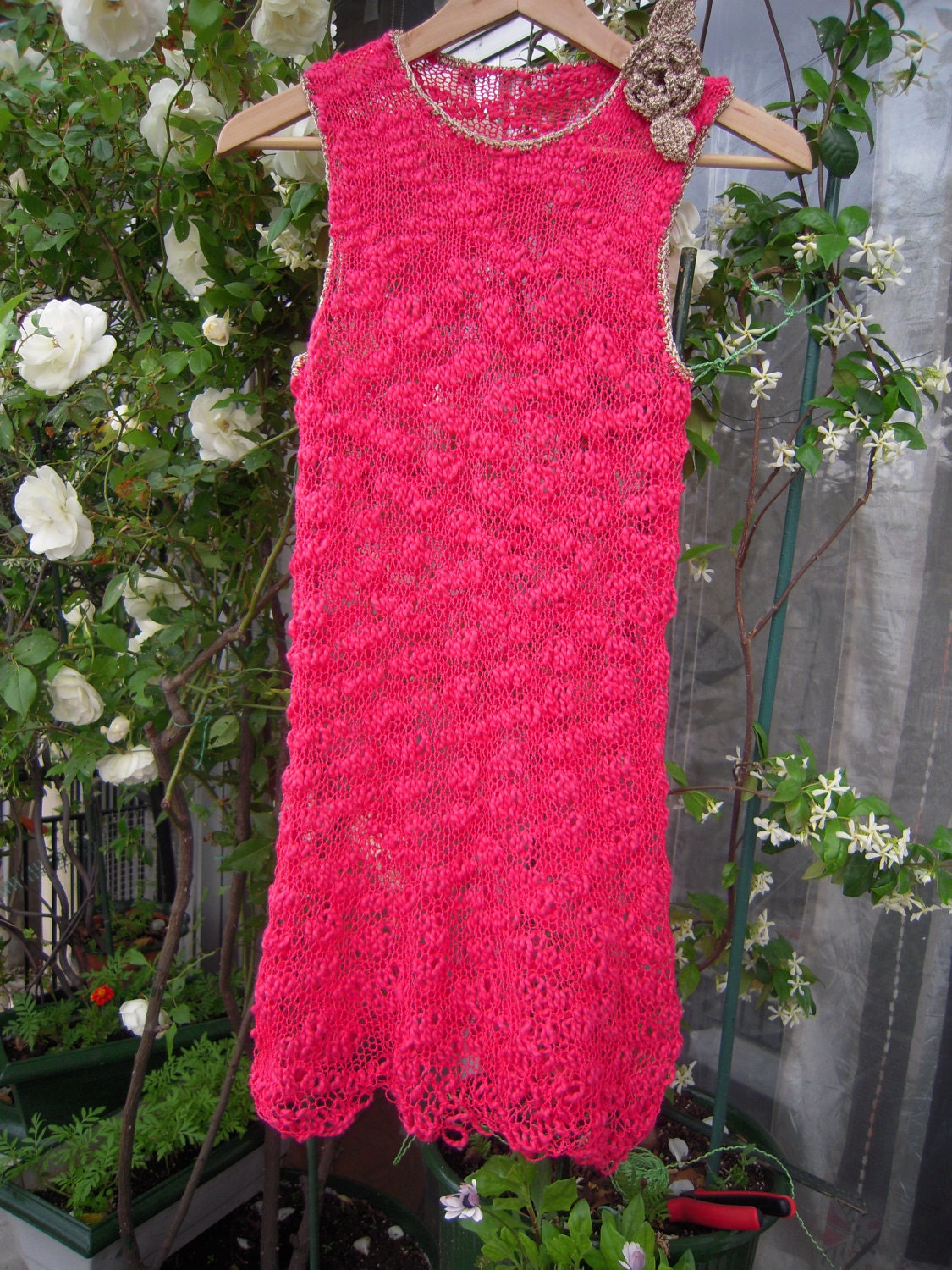 Handmade knitted summer transparent long top in strawberry red ''Kos''by golden yarn