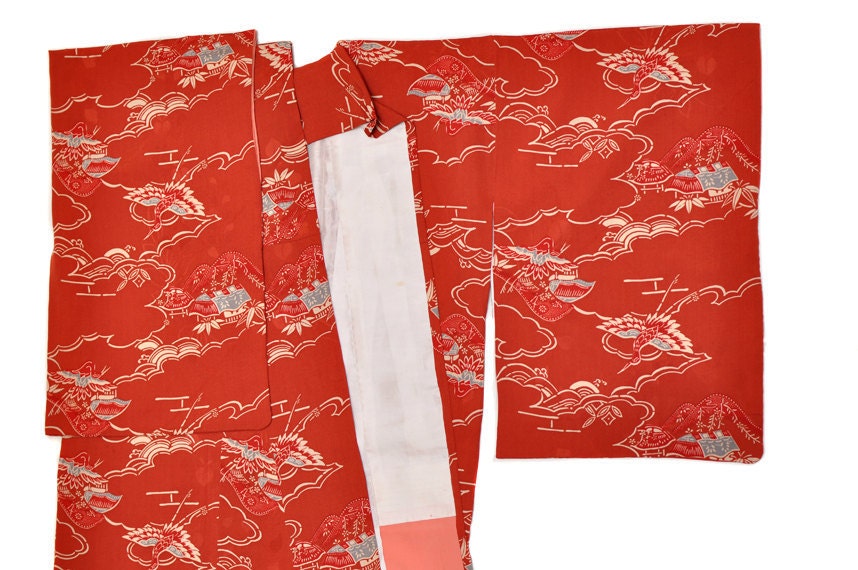 Japanese silk kimono komon with cranes pattern bingata katazome style
