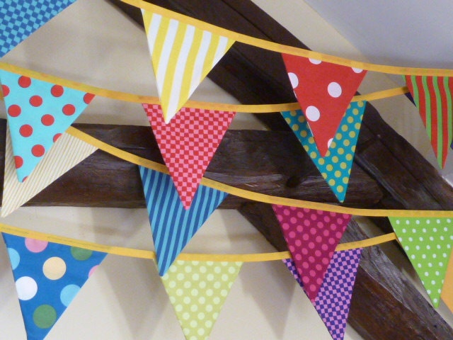 CARNIVAL fabric Bunting/Banner in LONG LENGTH with 20 carnival flags all different. Banner measures 18ft