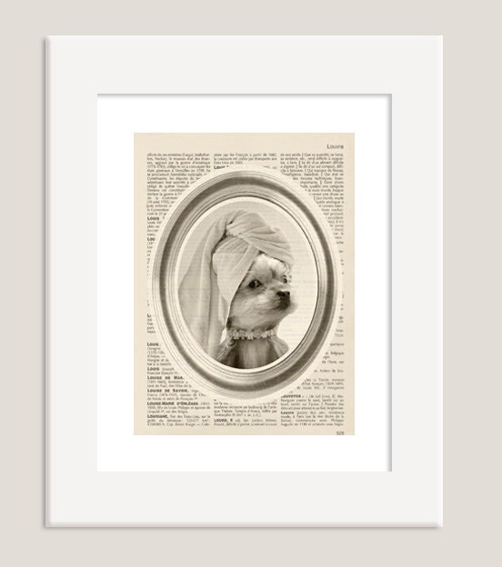 Miss Yorkie in Turban Print. dog portrait - dog poster - puppy print 8x10 - old french dictionary  book