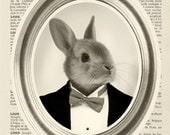 Rabbit Portrait in Tuxedo Print- farm animal poster - collage 8x10 french dictionary book - cat poster - Art Print