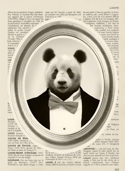 Animal portrait - Panda in suit - farm animal poster - collage 8x10 french dictionary book - cat poster - Art Print