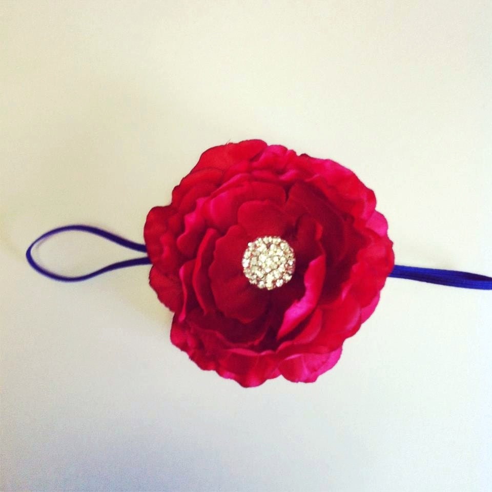 NEW - Large Red Silk Flower on a Skinny COBALT Stretch Headband - 4th of July, Patriot, Labor Day Summer, Spring, Birthday
