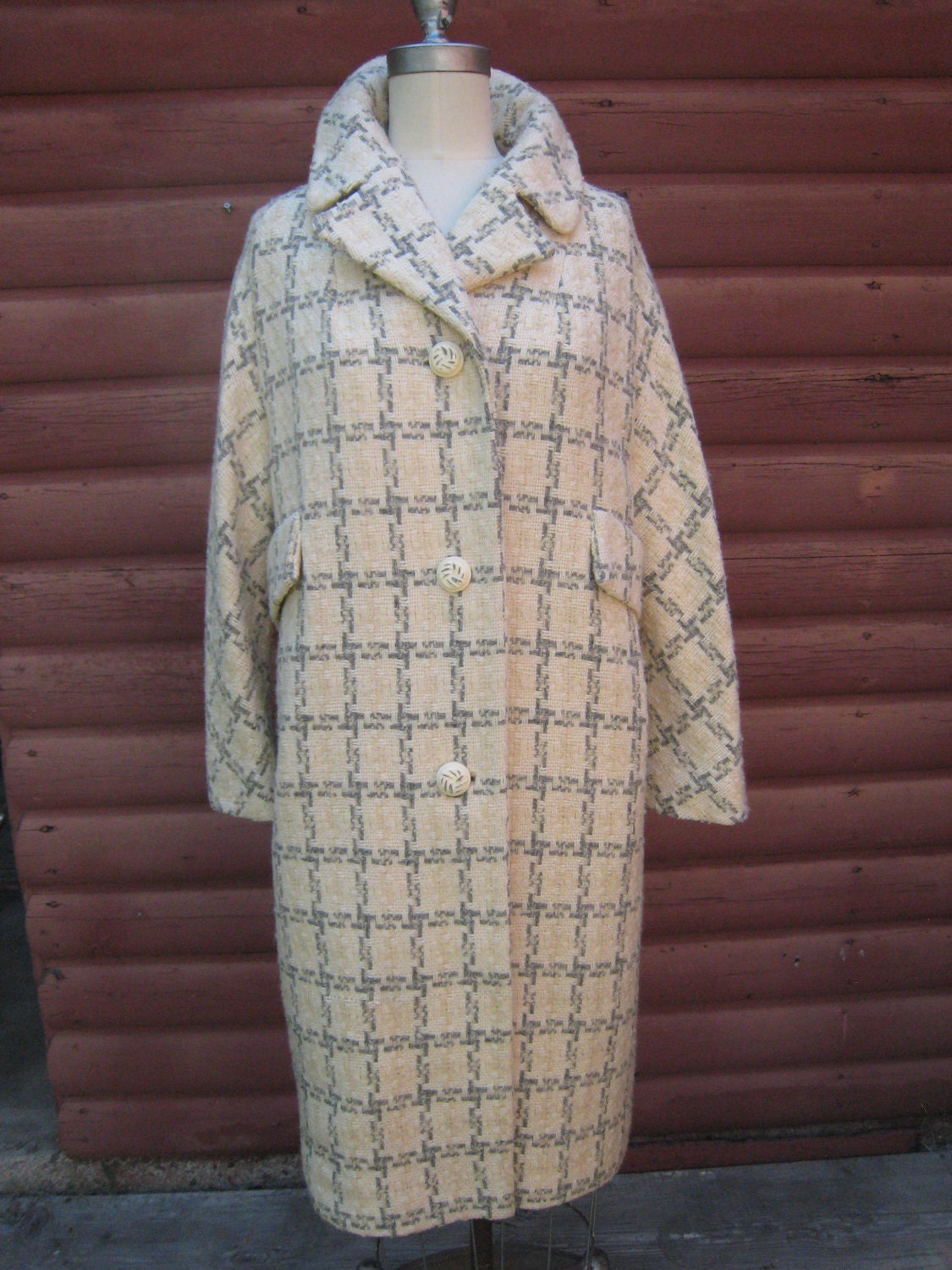 Vintage 1960s Charcoal Grey Cream Plaid Print Coat