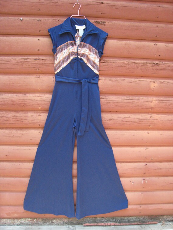 Vintage 1970s Polyester Bell Bottom Jumpsuit By Nu Phase with Chevron Stripe Detail XS