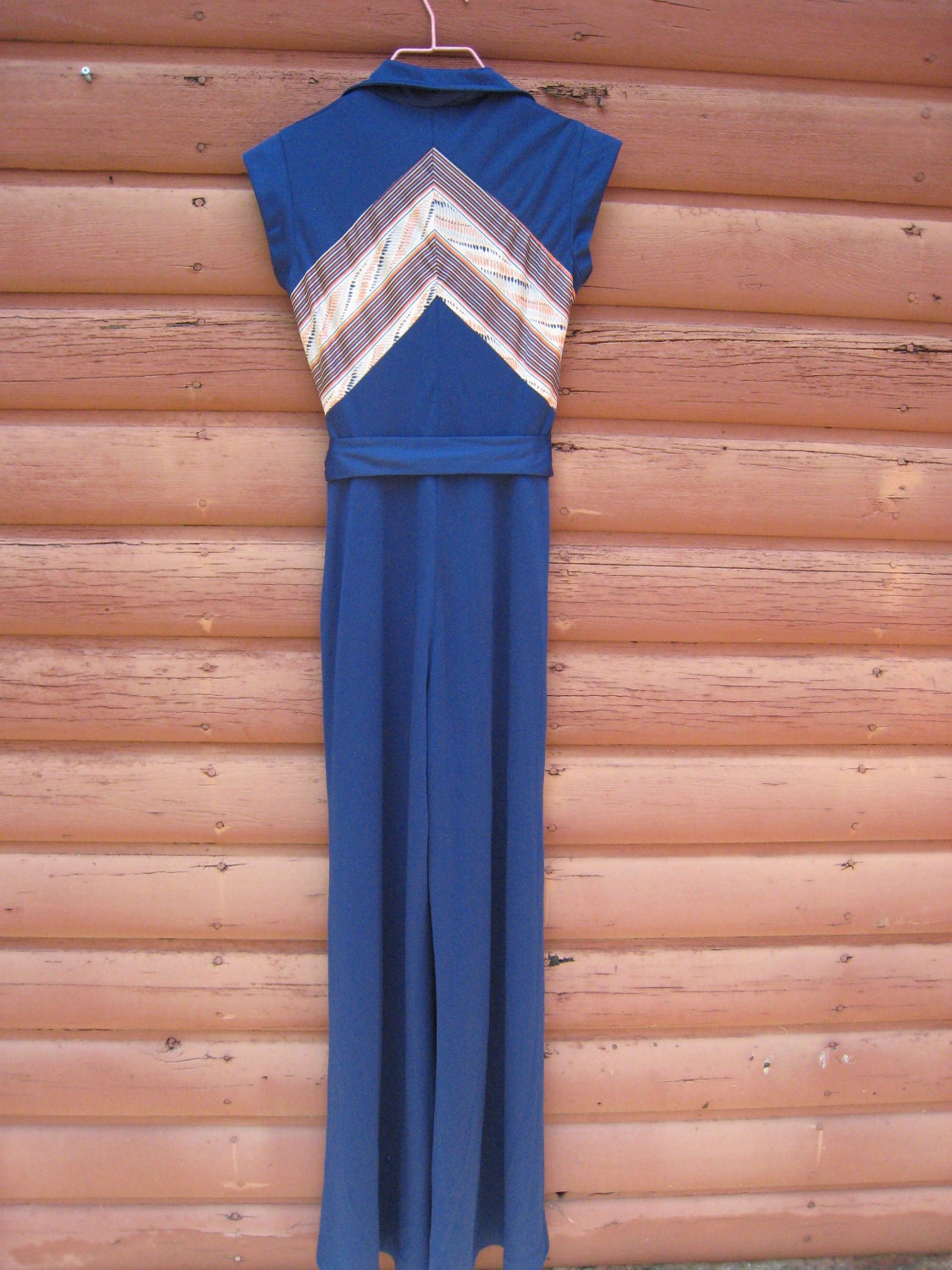 Vintage 1970s Polyester Bell Bottom Jumpsuit By Nu Phase with Chevron Stripe Detail XS