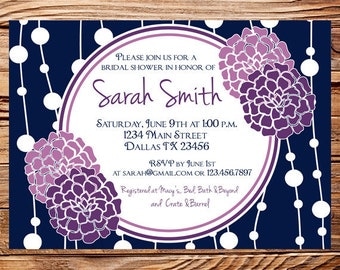 Bridal shower Invitation, Bridal Shower Invite, Gorgeous Purple Flowers Wedding Shower Invite, Purple Wedding Shower, Navy,digital (6027)