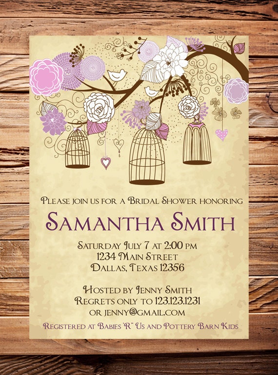 Vintage Birdcage Invitation, Purple Bridal Shower Invitation, Wedding Shower,  Birds, Birdcages, Brown, Pink, Purple (6081)
