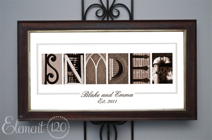 Personalized Wedding Gift - Sepia Alphabet Photography Name Print, UNFRAMED 10x20
