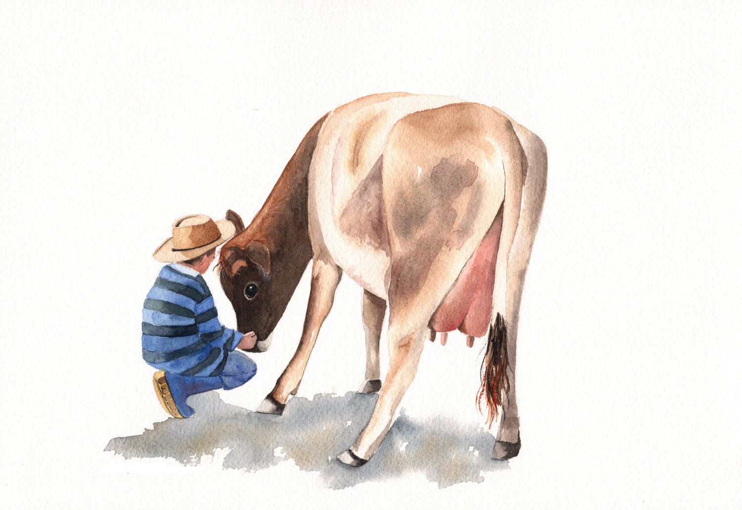 Boy with Cow Painting - rustic country farm urban homestead decor-  print of watercolor painting - 5 by 7 print