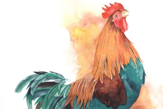 Rooster painting watercolor  -R074-  BIRD print of watercolor painting A4