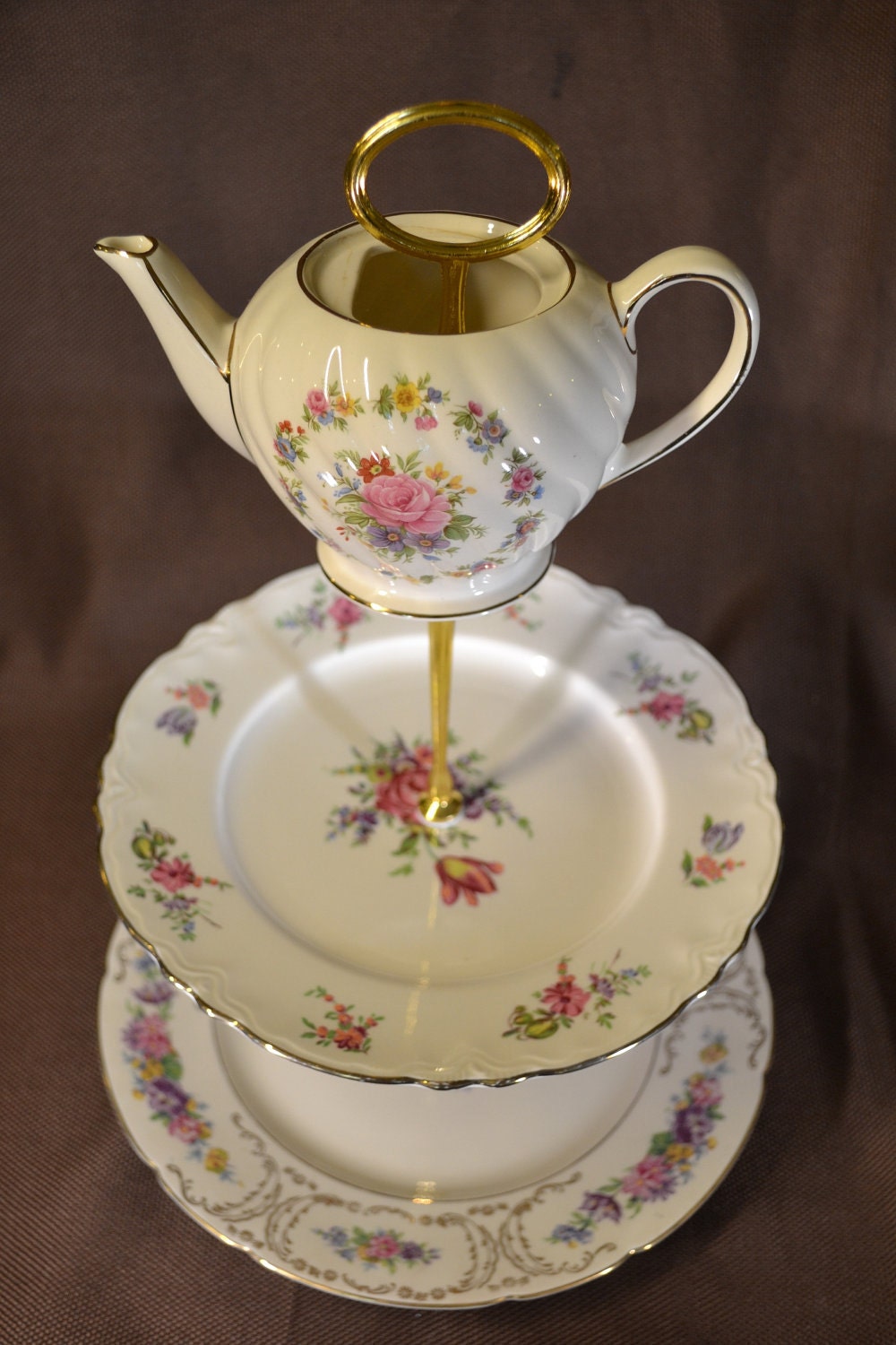 3 Tier Cake Stand Sadler Floral Teapot for Weddings, Display, Tea Parties, FREE shipping