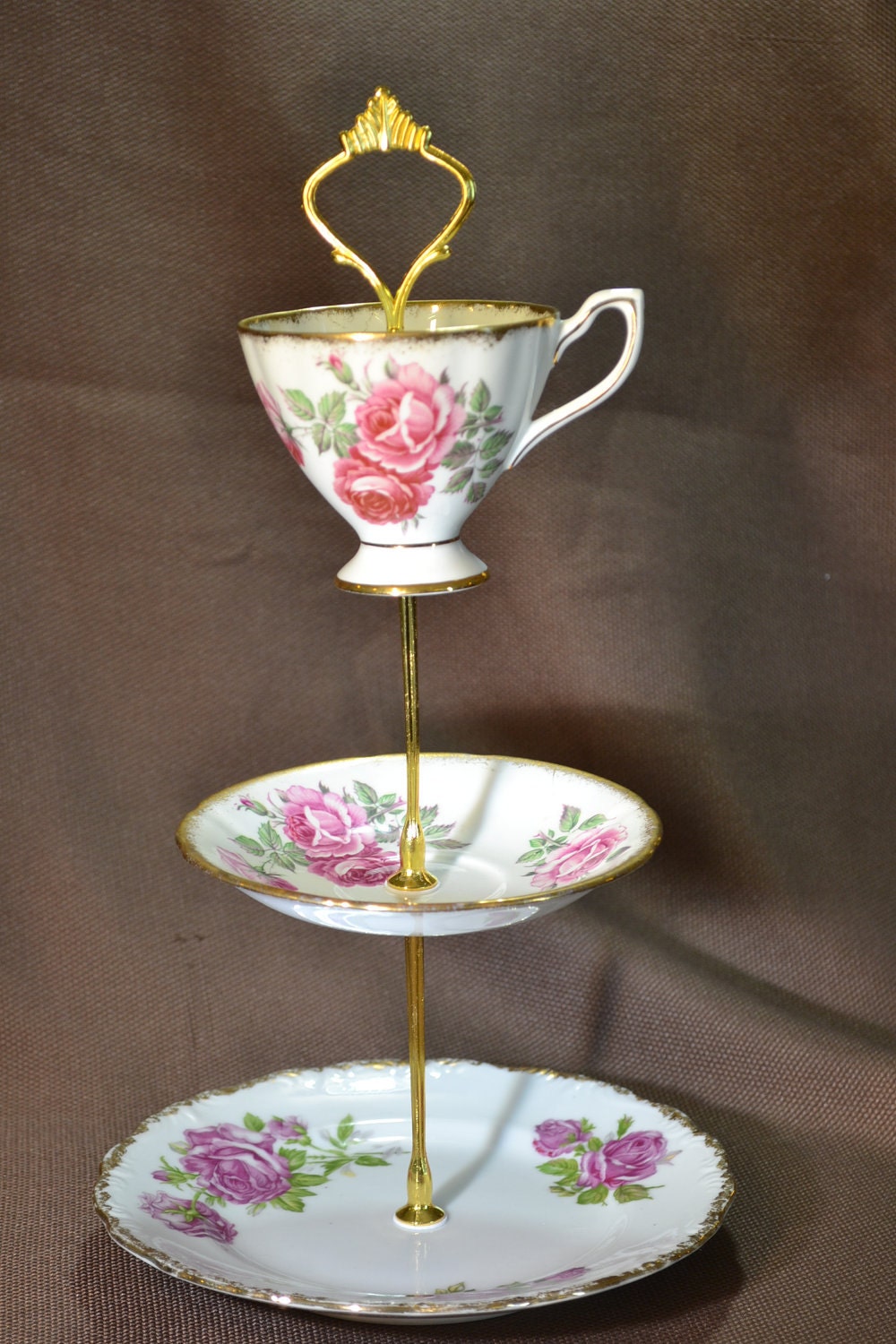 Roses and Roses Vintage China Jewelry Tidbit Tray Stand FREE Shipping
