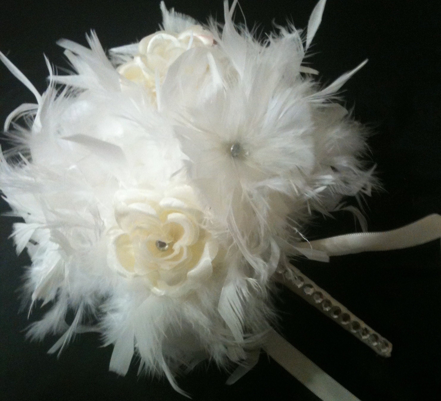 IVORY BLING Crystal Feather & Flower Bridesmaid Bouquet - White Feathers Bride Maid or Toss Wedding Bouquets Rose Custom Colors